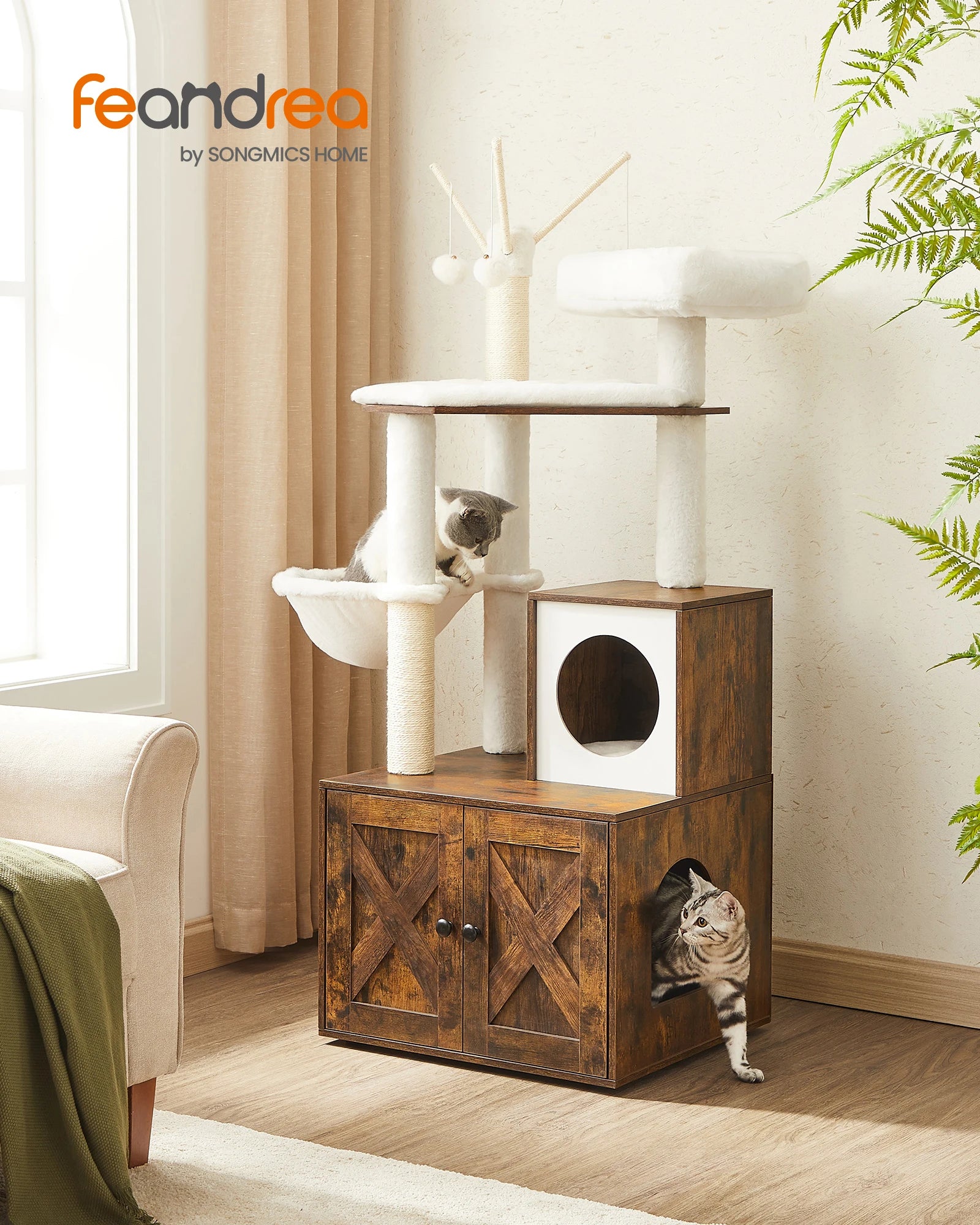 Feandrea Cat Tree with Litter Box Enclosure, 59-Inch Modern Cat Tower, 2-in-1 Condo with Scratching Posts