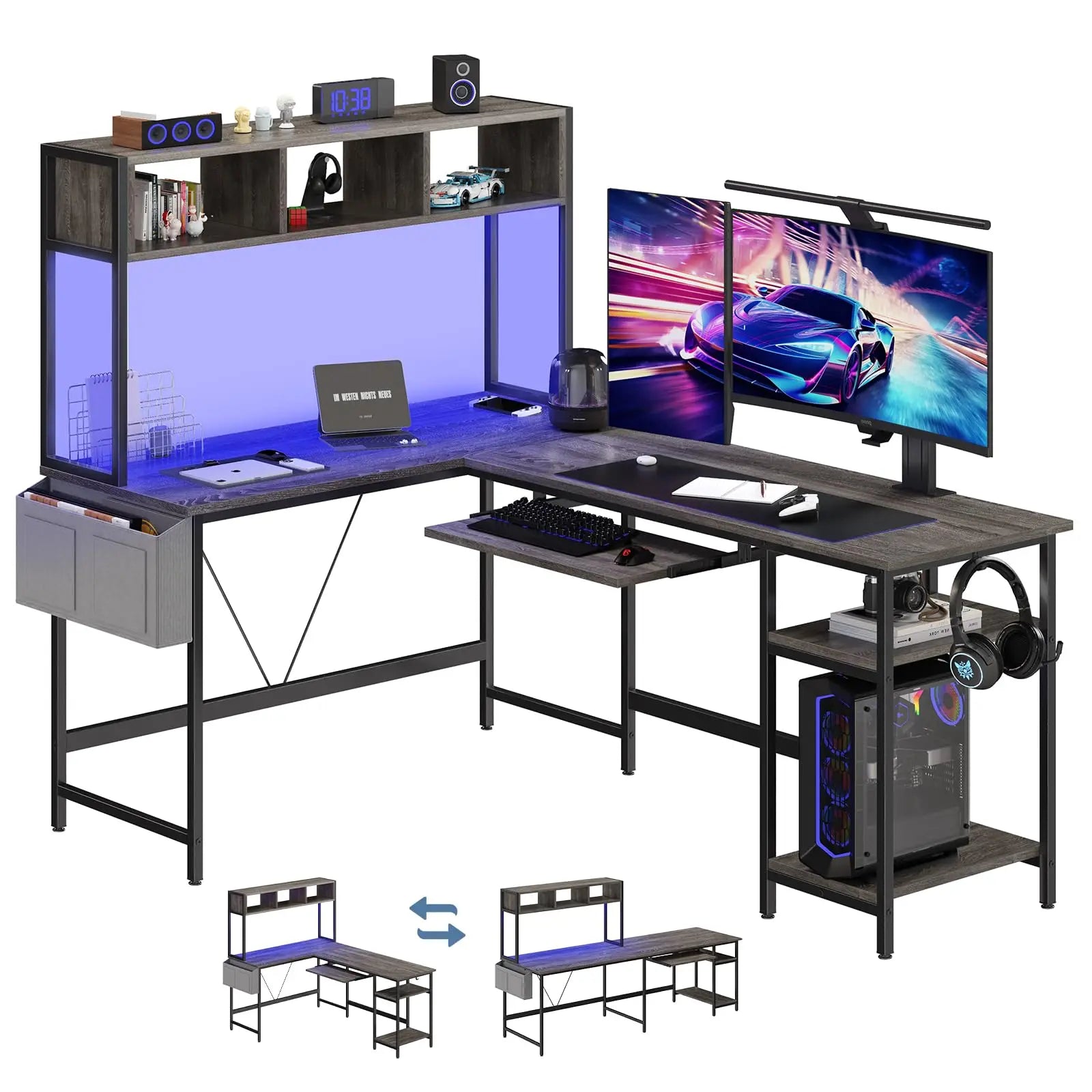 JHK 67IN L Shaped Reversible Gaming Desk with Led Lights Corner Table Keyboard Tray Side Bag Storage Shelf Wood Table for Office