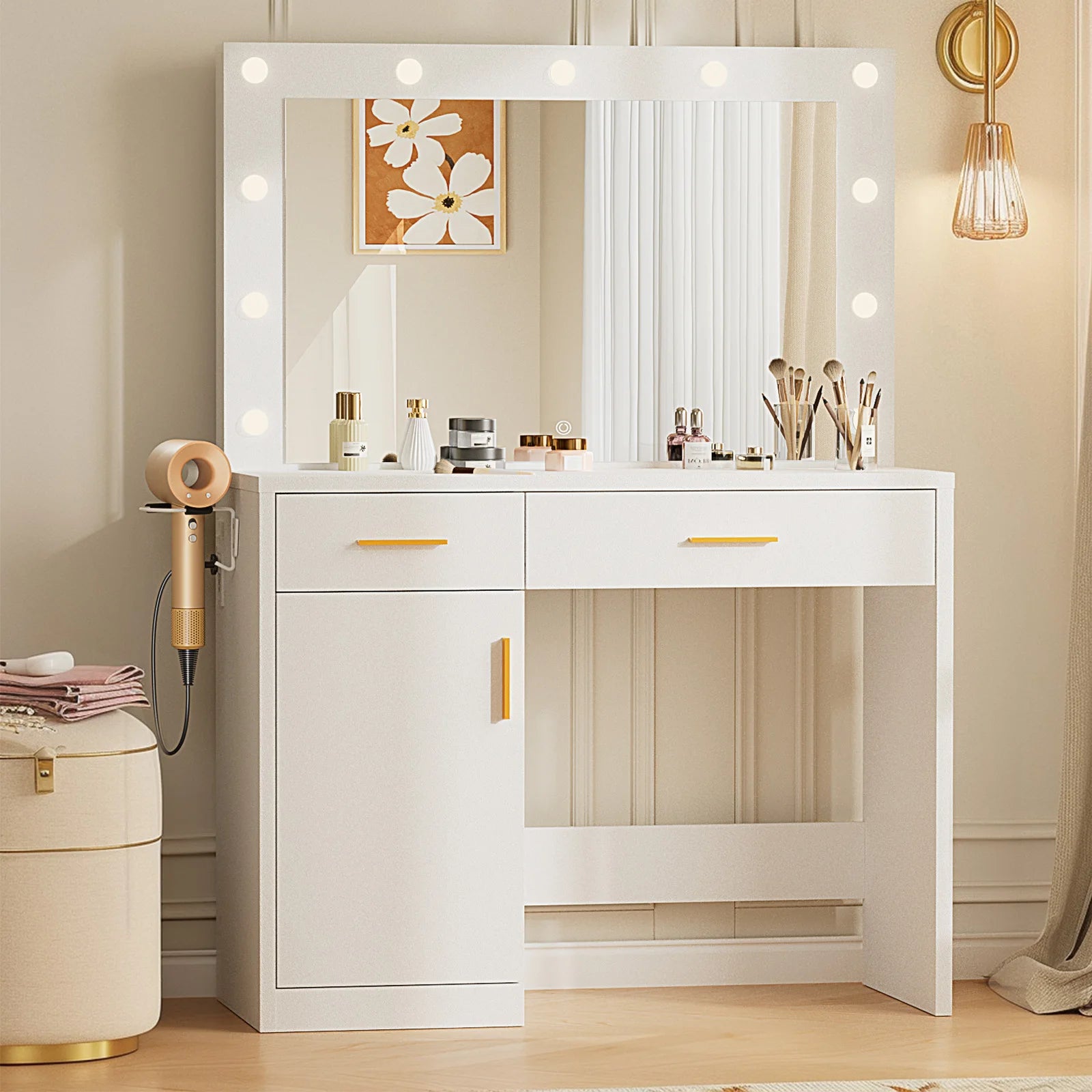 JHK Desser For Bedroom Vanity Desk with Mirror and Light Bulb or Strip LED Lights Adjustable Brightness with Charging Station