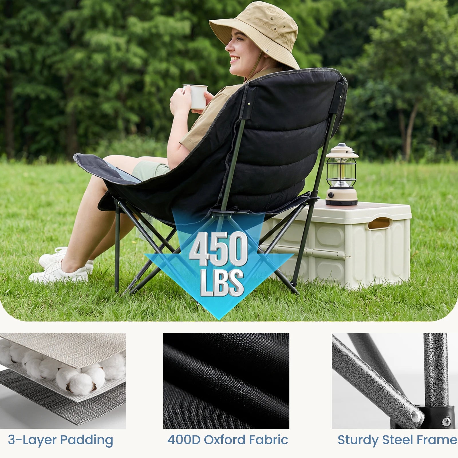 JHK 450lbs Oversized Camping Chair Folding Chair with Cup Holder Padded Armrests Sturdy Steel Frame Outdoor Picnic Chair