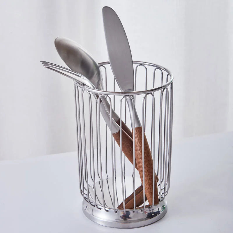 1pc Cutlery Drain Basket Stainless Steel Chopsticks Holder Fork Spoon Storage Basket Kitchen Desktop Hollowed-out Fruit Basket