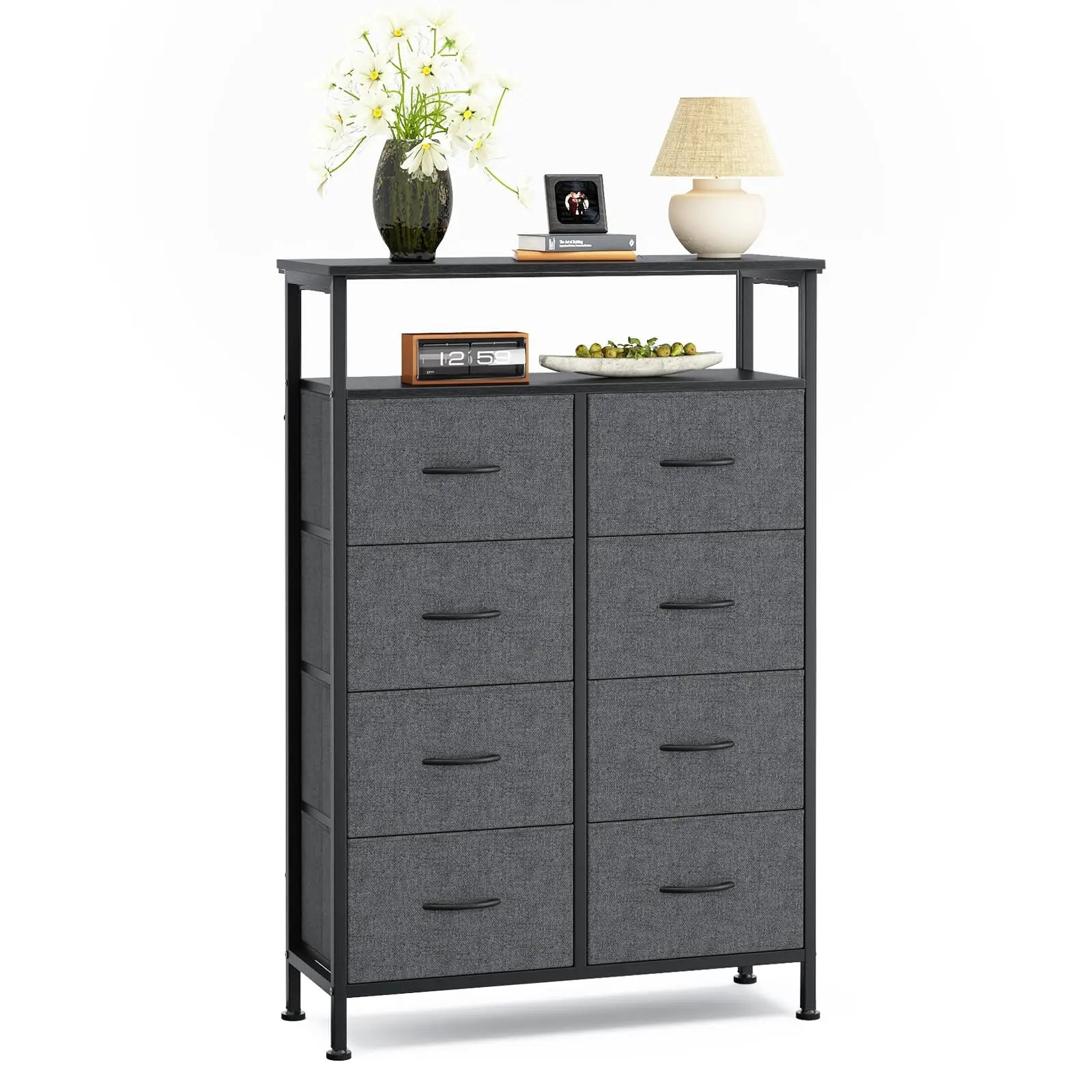 JHK 8 Fabric Drawers Cabinet For Living Room Wooden Top TV Stand with Charging Station Raised Shelf Storage Display Furniture