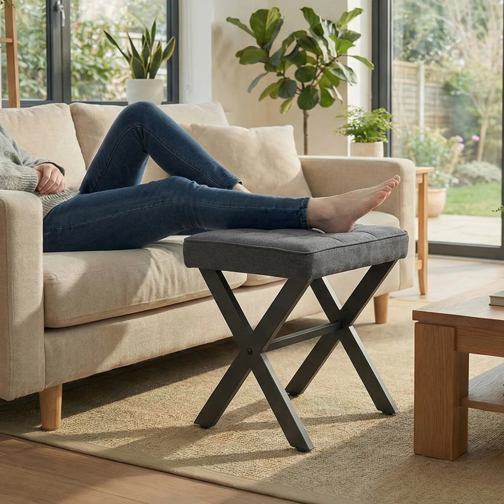 JHK Ottoman Square Linen Footstool Chair Metal X Legs Comfortable Padded Seat Vanity Makeup Stool Space-Saving for Living Room