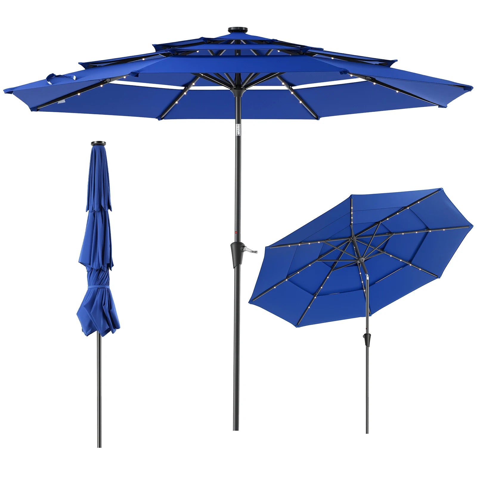 JHK 3-Tier 10FT Outdoor Patio Umbrella with 32 LED Lights Crank 8 Sturdy Ribs Table Umbrella for Pool Beach and Outdoor