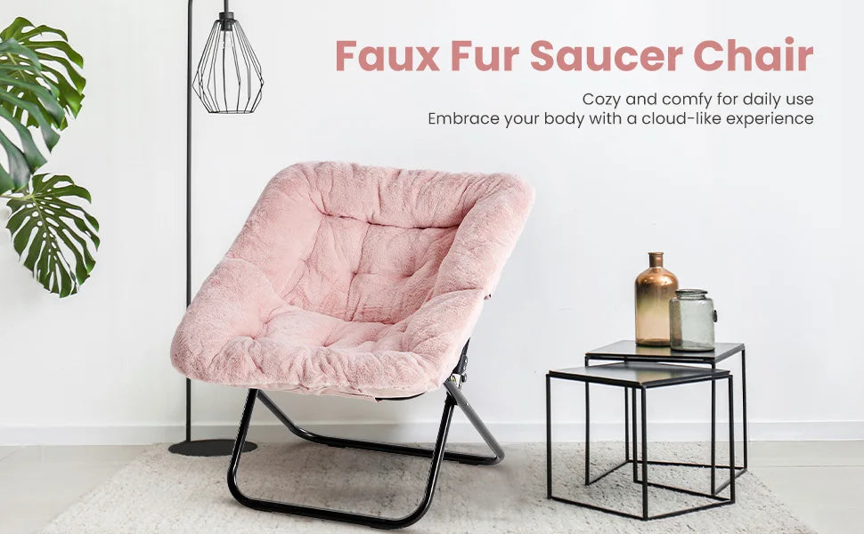 JHK 28IN Cozy Saucer Chairs Soft Faux Fur Large Size Folding Lounge Living Room Padded Seat Metal Frame Reading Chair Furniture
