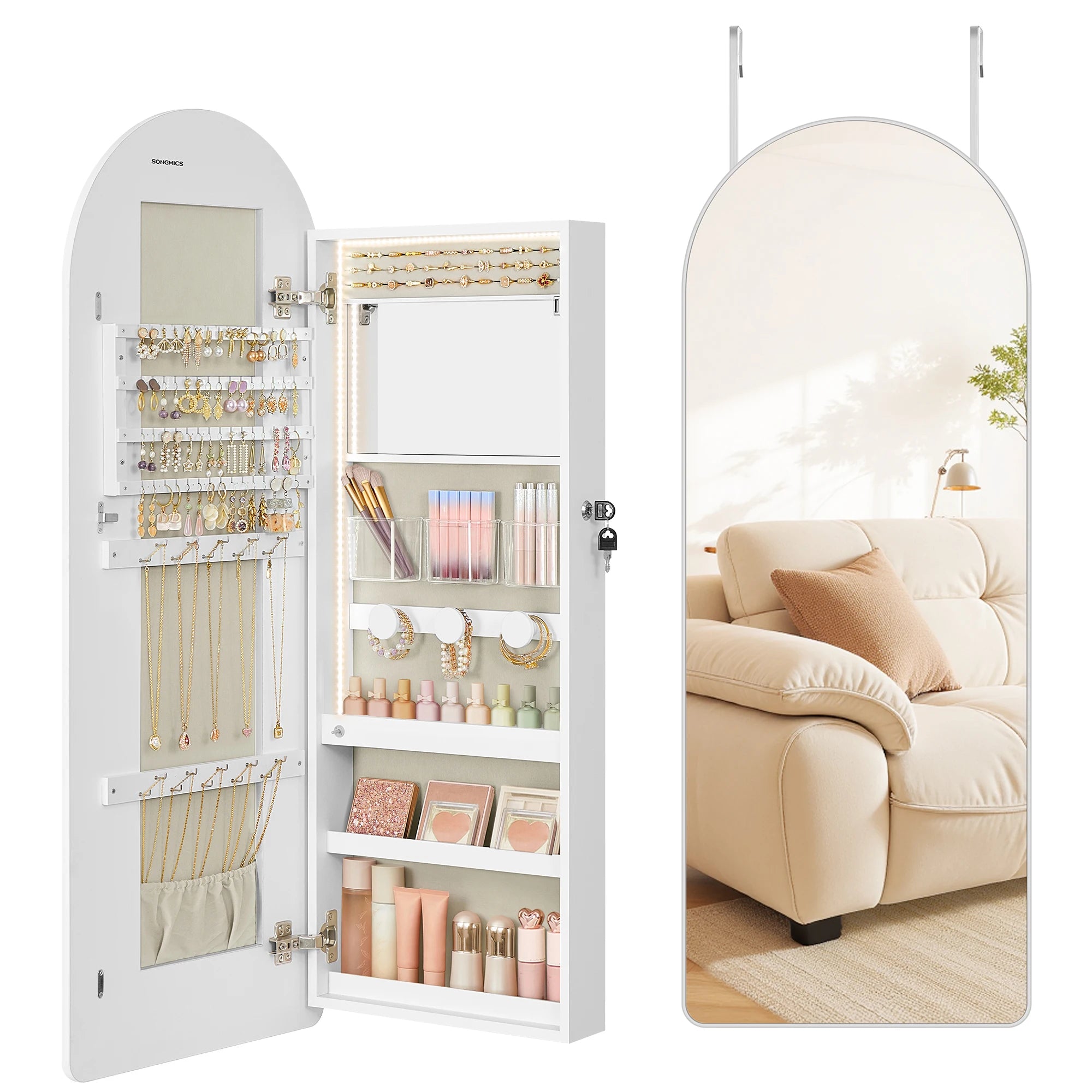 SONGMICS Wide Jewelry Organizer, LED Jewelry Cabinet Wall/Door Mounted, Arched Mirror with Storage, Lockable, Rounded Corner