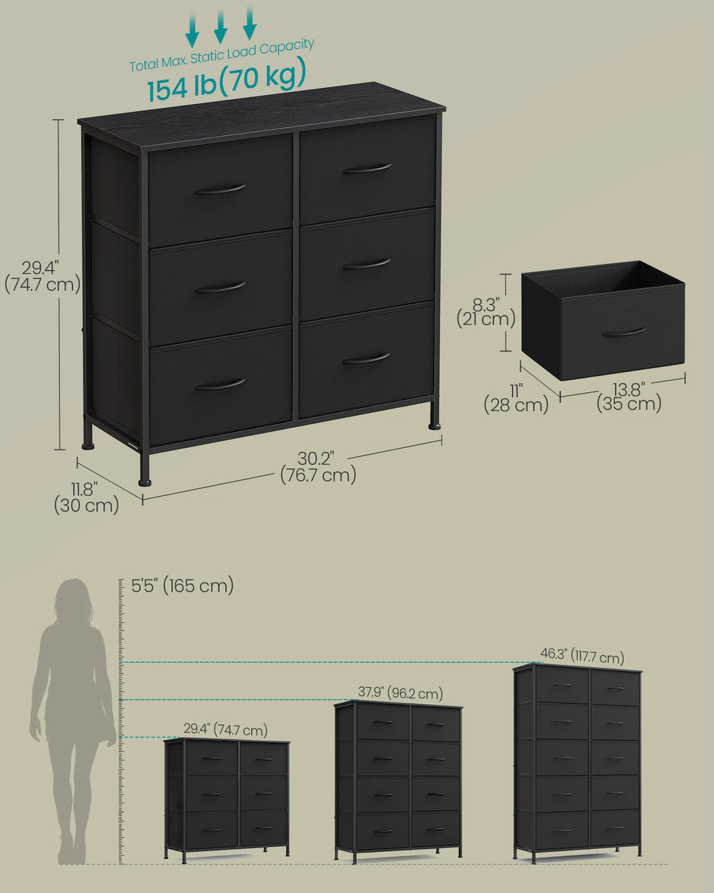 SONGMICS Dresser for Bedroom, Chest of Drawers, TV Stand, Steel, MDF, 6 Non-Woven Fabric Drawers, Storage Organizer Unit, Closet