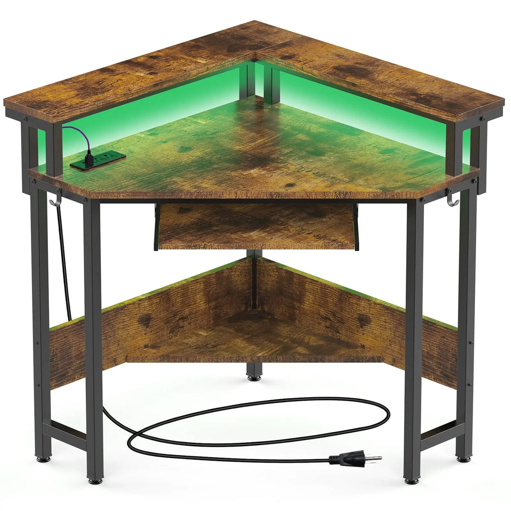 JHK Corner Desk Office Computer Desk for Small Space with LED Lights Gaming Table with Storage Shelves Power Outlets For Home