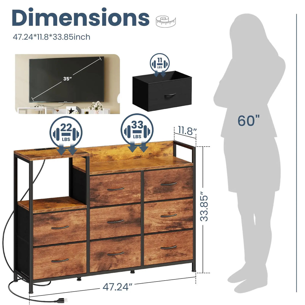 JHK Cabinet With 8 Fabric Drawers TV Stand Metal Frame With Charging Station Entertainment Center TV Storage Display Furniture