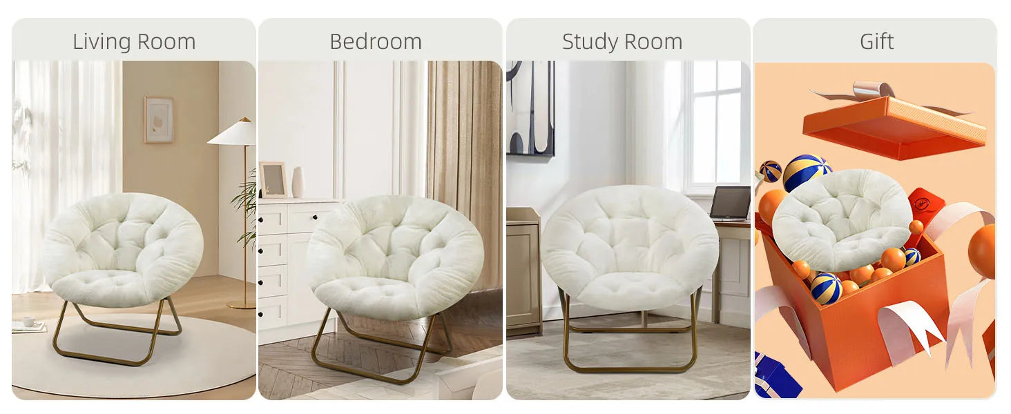 JHK Faux Fur Cozy Saucer Chairs For Living Room Folding Thick Padded Seat Metal Frame X-Large Reading Lounge Furniture