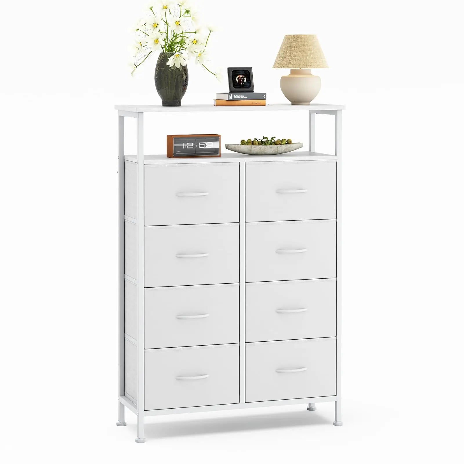 JHK 8 Fabric Drawers Cabinet For Living Room Wooden Top TV Stand with Charging Station Raised Shelf Storage Display Furniture