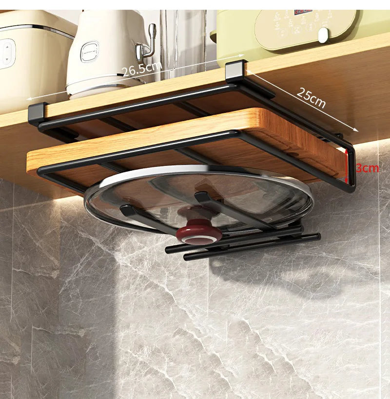 Under Kitchen Cabinet Hanging Organizer Cutting Board Storage Rack Paper Towel Holder No Punch Pot Lid Storage Kitchenware Hook
