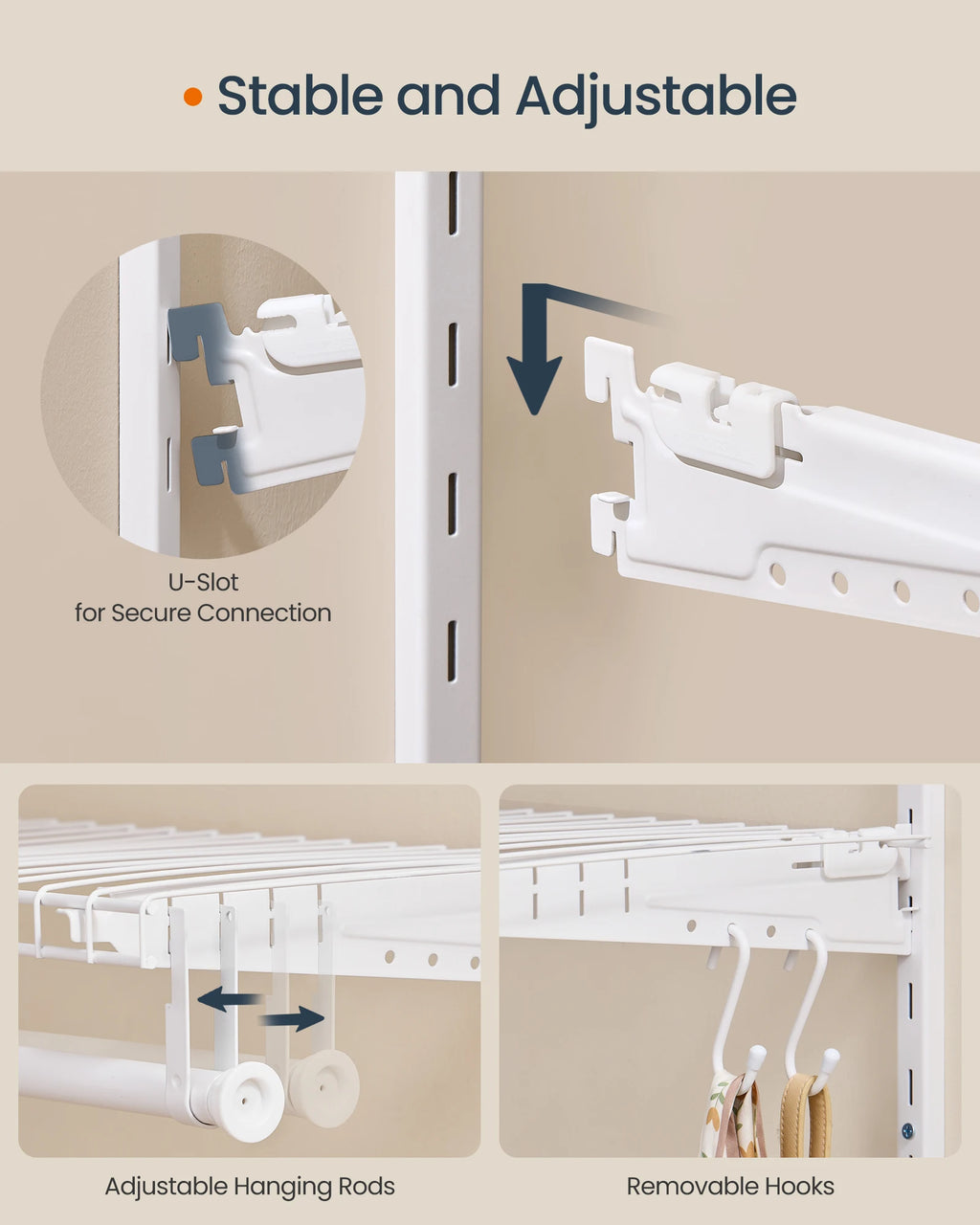 SONGMICS HOME Closet System, Closet Insert Organizer, 4-6 ft, Adjustable Metal Shelving Unit with 6 Hanging Rods, 6 Shelves, and