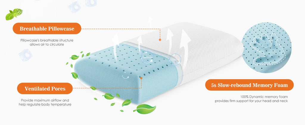 JHK 2-pieces Memory Foam Pillows Standard Size Neck Pillow Ventilated Cooling Bed Pillow with Removable Washable Cover Comfort