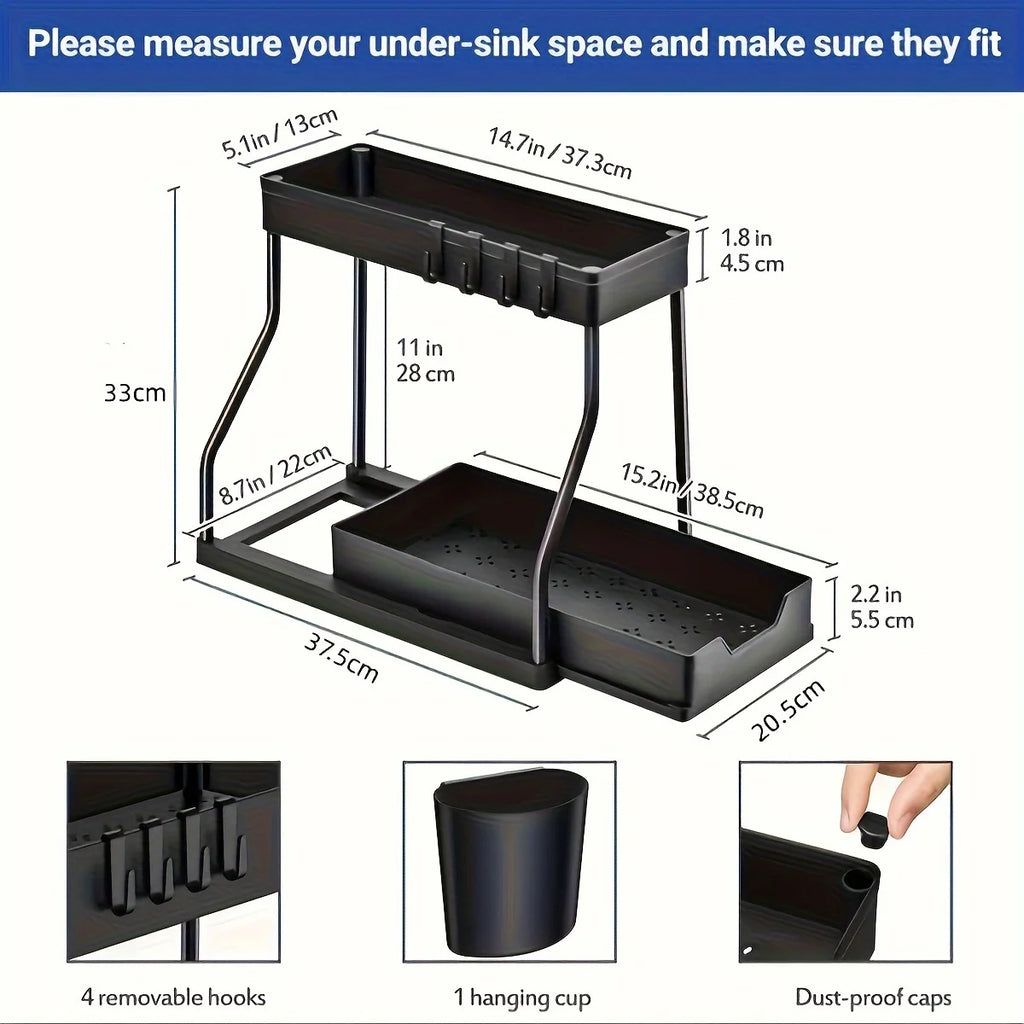 2 Tier Under Sink Organizer, Pull-Out Drawer Storage Rack, Multipurpose Kitchen Bathroom Shelf for Spice, Cosmetics, Toiletries