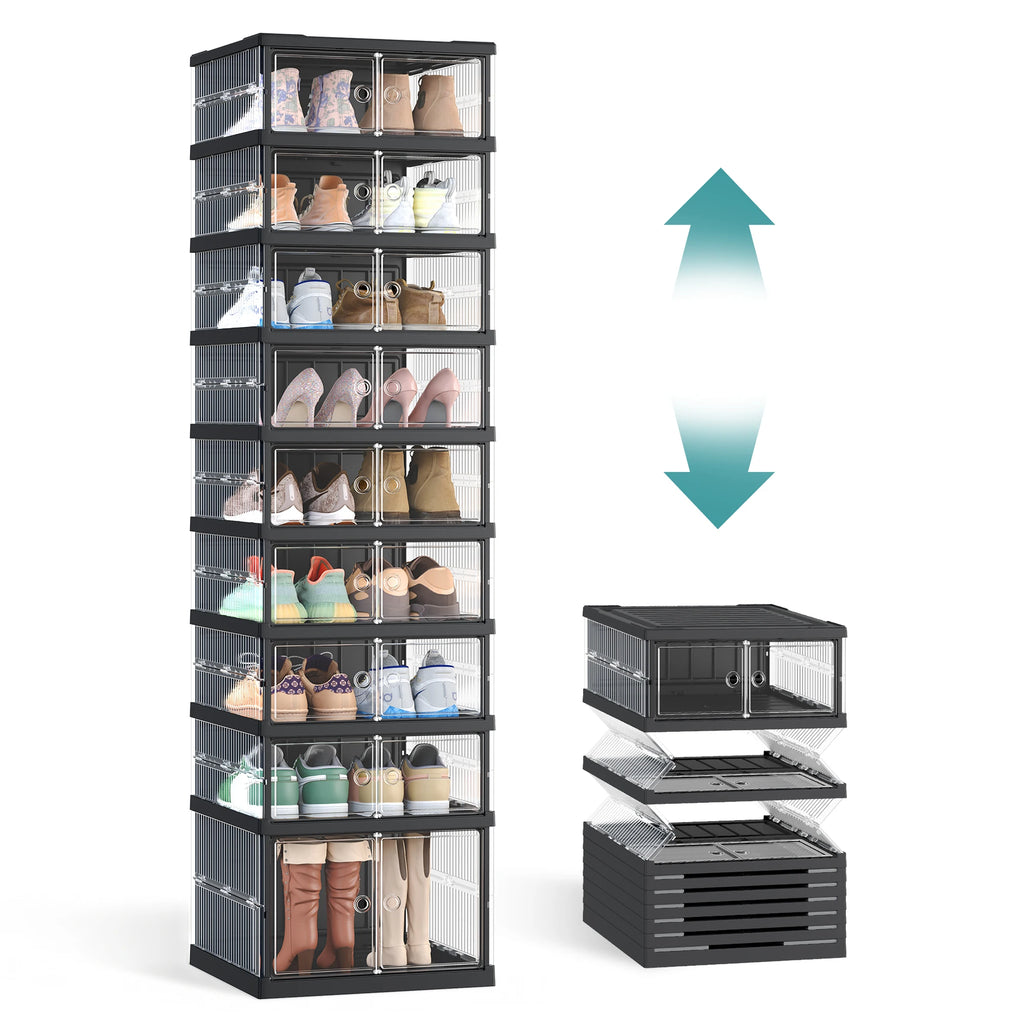 SONGMICS Foldble Shoe Storage Organizer for Closet, Stackable Sneaker Cabinet with Magnetic Door, Large Plastic Container Bins f