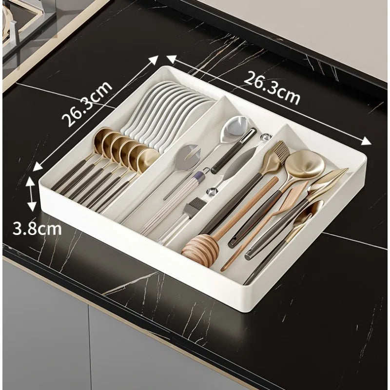 1pc Kitchen Drawer Retractable Storage Box Large-capacity Partitioning Storage Tray Home Tableware Knife Spoon Organizing Box