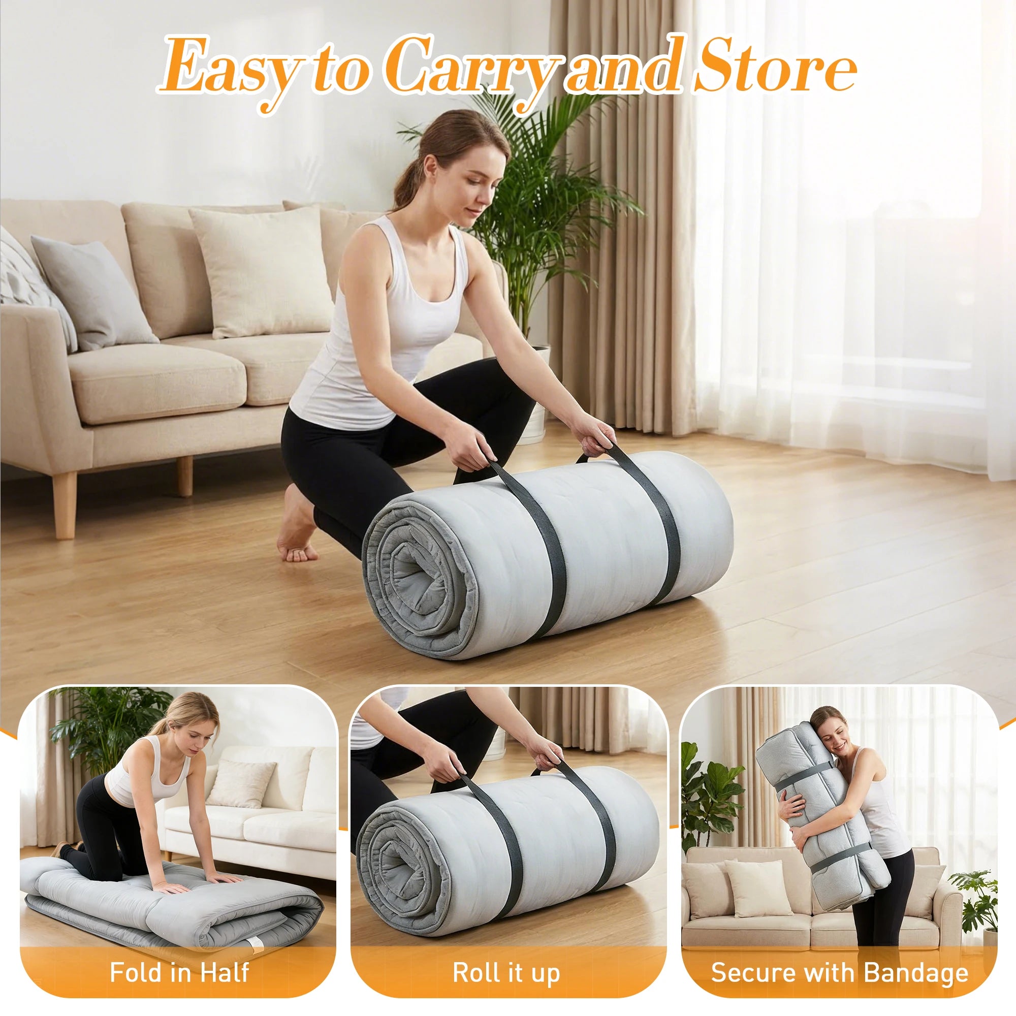 JHK Foldable 4 Inch Soft Bed Mattress Full Queen Size Thick Mattress Soft and Breathable Portable Bed Topper Bedroom Home Use