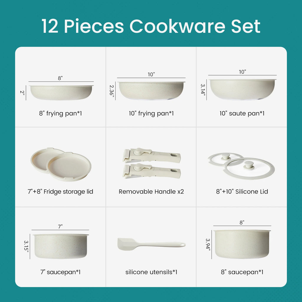 JHK 12 Pcs Pots and Pans Set Nonstick Kitchen Cookware Set Induction Cooking Sets Detachable Handle For Kitchen Dining