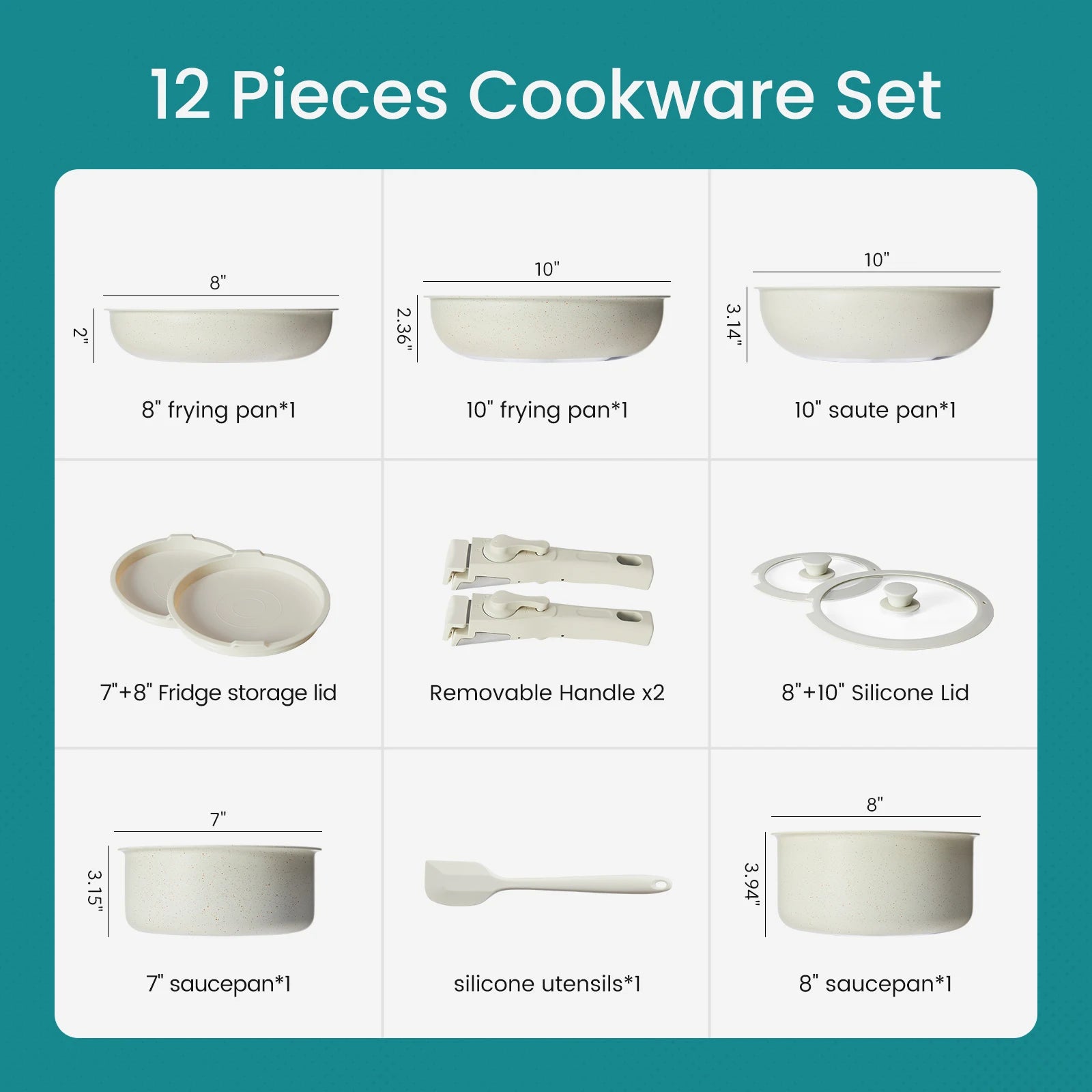 JHK 12 Pcs Pots and Pans Set Nonstick Kitchen Cookware Set Induction Cooking Sets Detachable Handle For Kitchen Dining