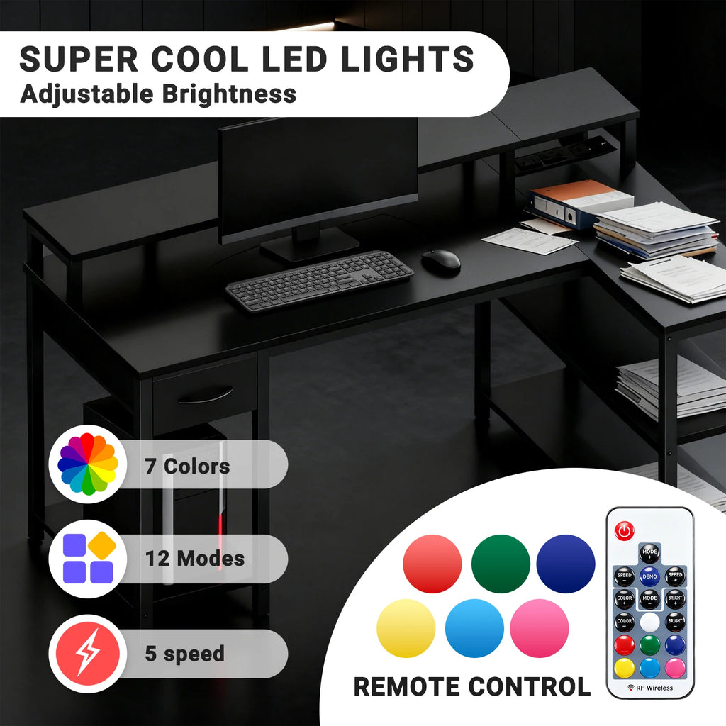 JHK L Shaped Gaming Desk with USB Charging Ports & LED Lights Reversible Desks Computer Gamer Table for Home Office Small Space