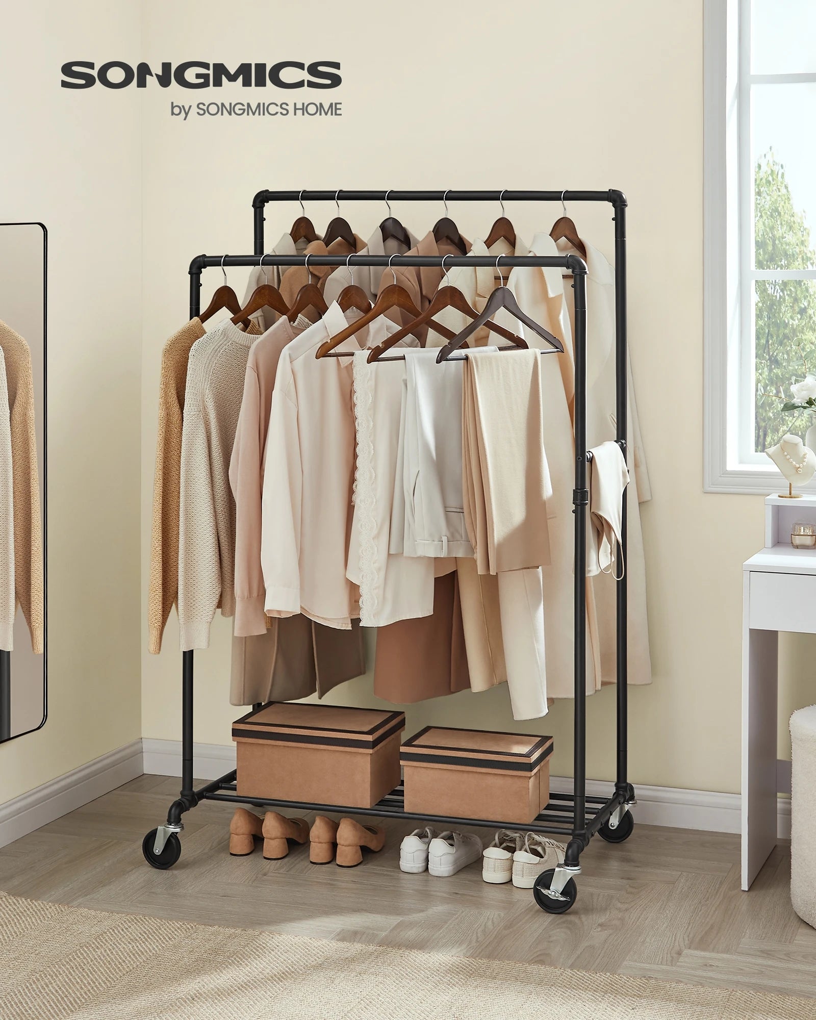 SONGMICS Heavy-Duty Clothes Rack, Double-Rod Clothing Rack for Hanging Clothes, Industrial Garment Rack on Wheels, Metal Frame,