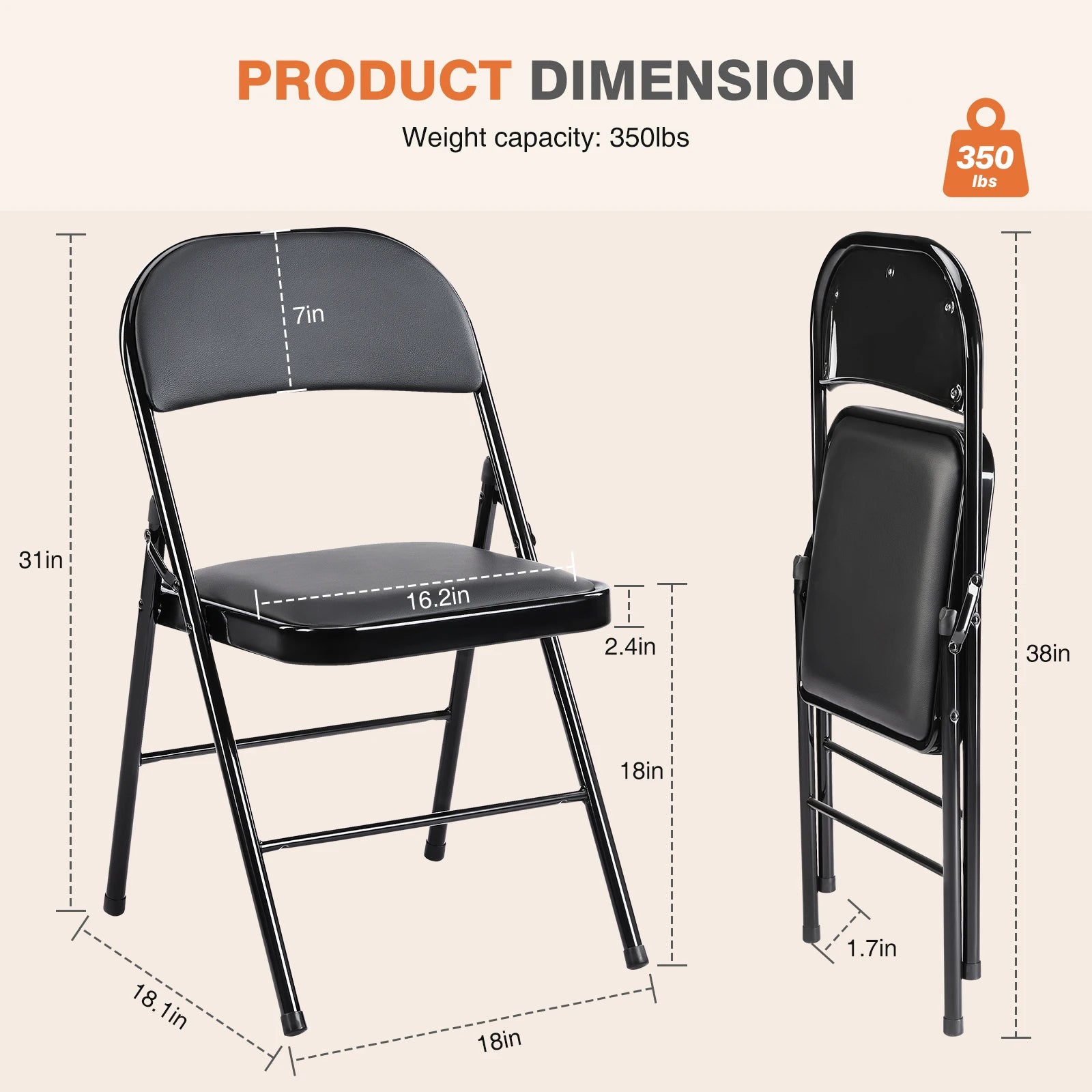 JHK Leather Padded Folding Living Room Chairs 2 Pack Sturdy Metal Foldable Chair Easy to Use and Storage Outdoor for Home Office