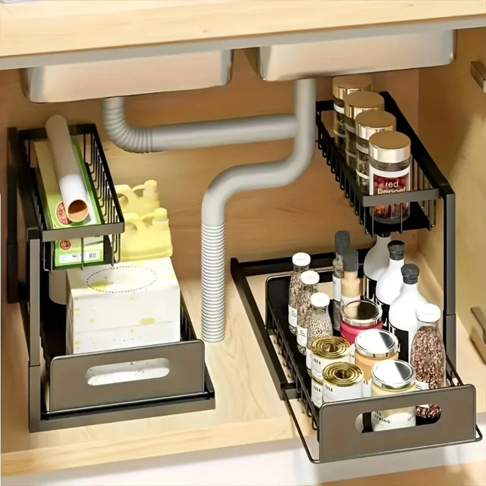 Kitchen Double-Layer Sliding Sink Under-Sink Shelf for Home Use Pull-Out Cabinet Storage Rack for Kitchen and Bathroom Storage