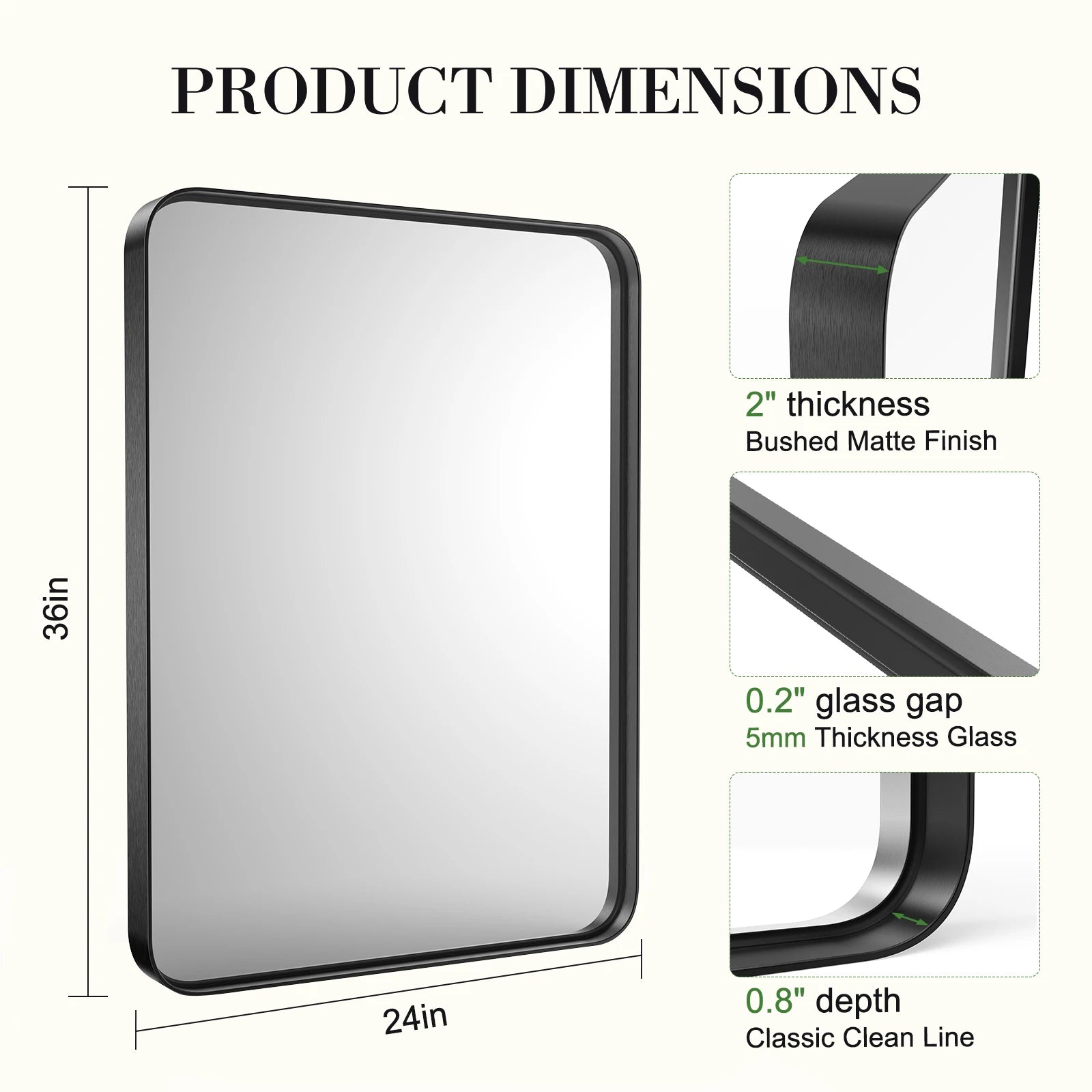 JHK 24x36 Inch Large Rectangle Vanity Framed Mirror for Wall Matte Metal Framed Modern Mirror Tempered Glass For Living Room