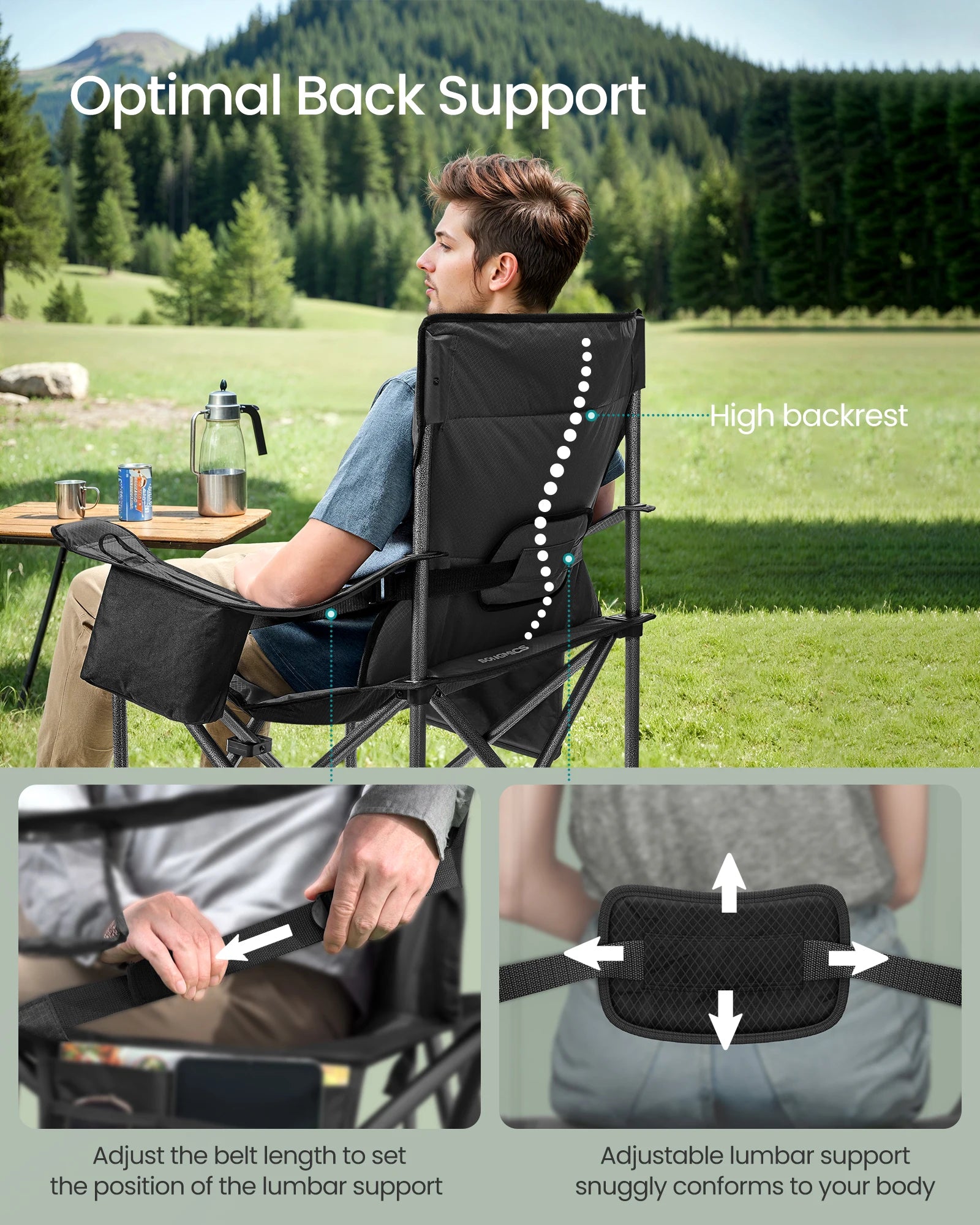 SONGMICS Oversized Lumbar Support Camping Chair, Heavy-Duty Outdoor Folding Chair Comfortable, Padded, Glamping, Cooler Bag, Wei
