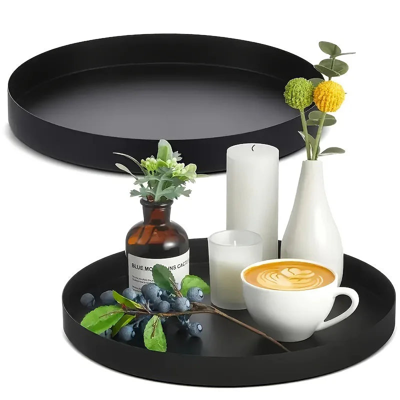 1pc Living Room Desktop Tray Bathroom Aromatherapy Tray Black Metal Round Multifunctional Desk Storage Rack