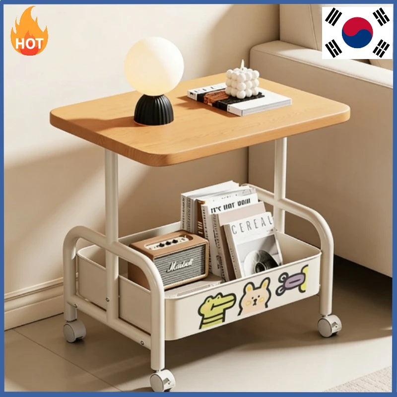  Rolling Laptop Desk & Storage Table - Double-Tier Mobile Stand with Basket, Perfect as Sofa Side Table or Bedroom Nightstand