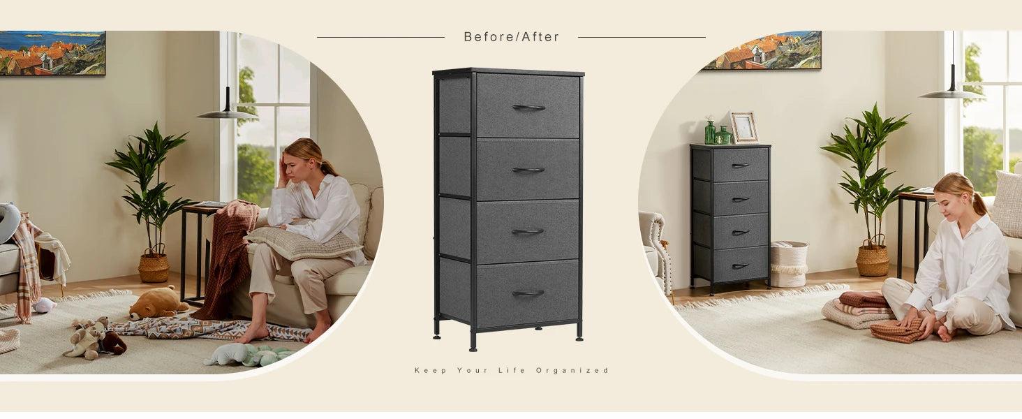 JHK Dresser For Bedroom With 4 Fabric Drawers Nightstand Wardrobe Steel Frame Closet For Clothes Storage Cabinet Of Furniture