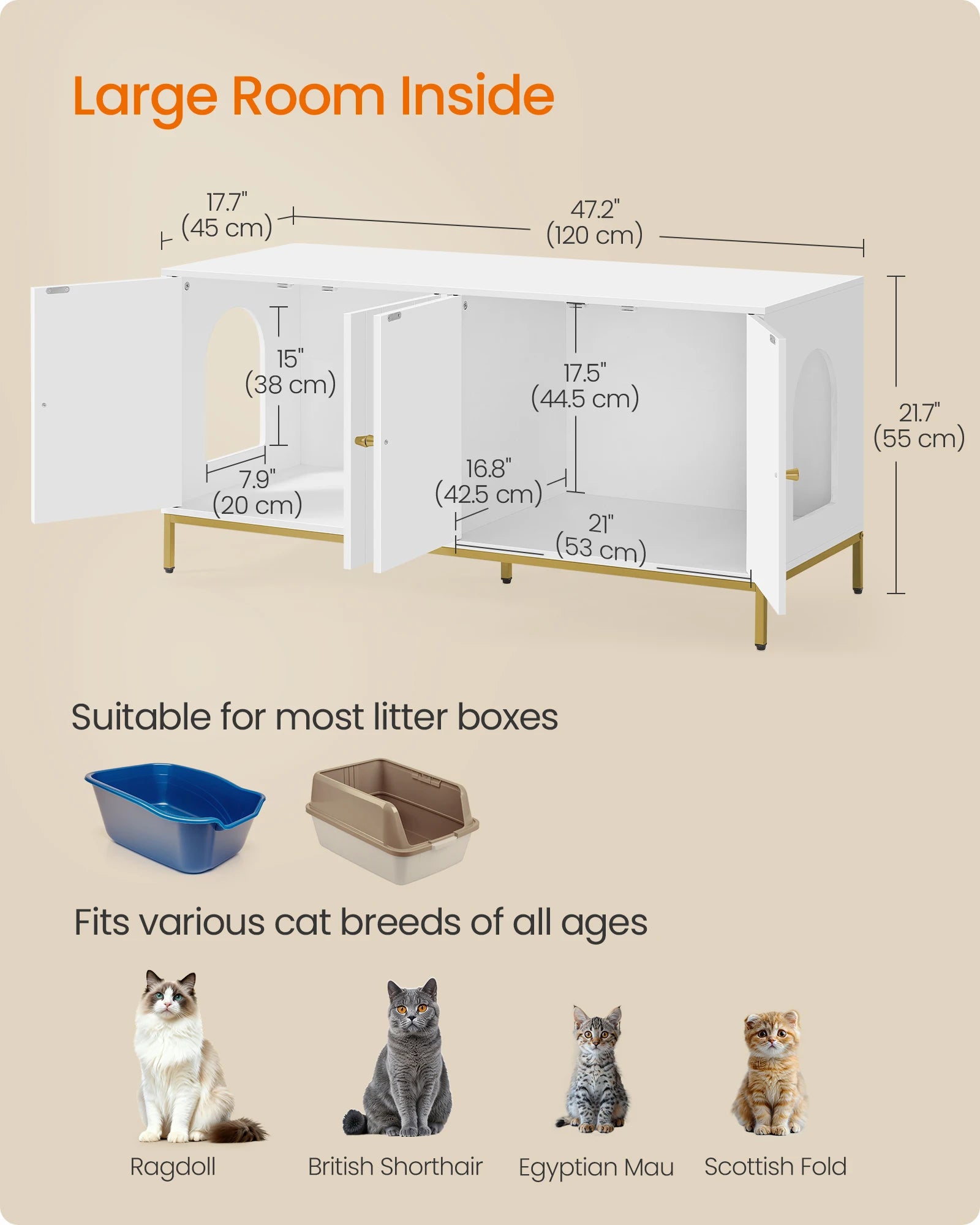 Feandrea Double Cat Litter Box Enclosure, Hidden Litter Box Furniture with Double Room, for 2 Cats, Modern Style, 47.2" Pet Hous