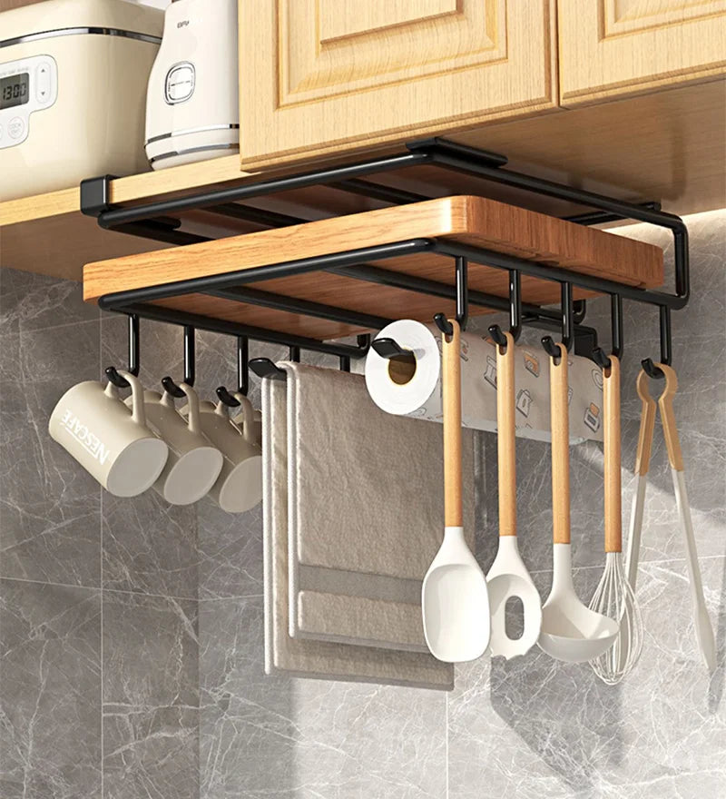 Under Kitchen Cabinet Hanging Organizer Cutting Board Storage Rack Paper Towel Holder No Punch Pot Lid Storage Kitchenware Hook