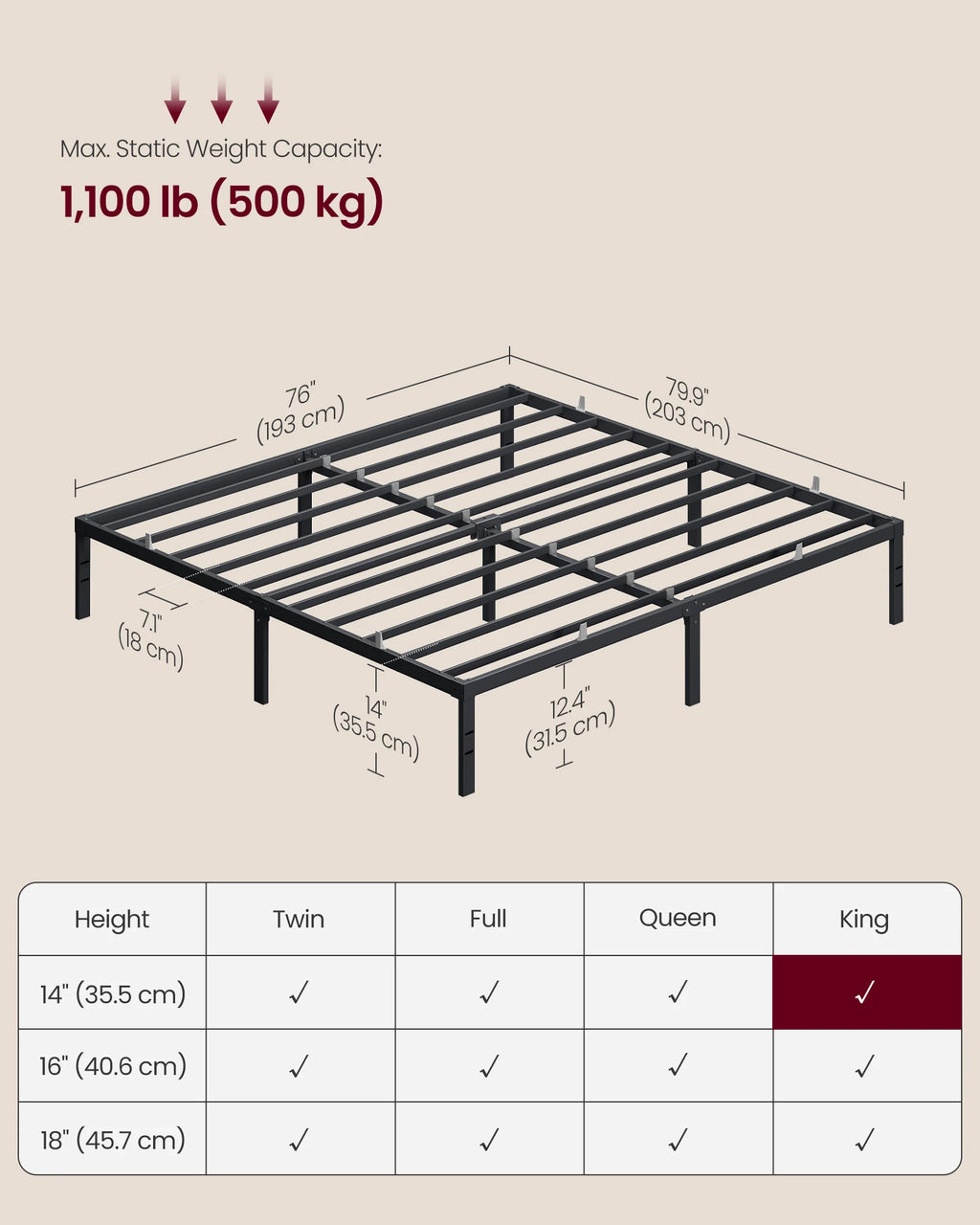 VASAGLE King Metal Bed Frame 14 Inches Tall, 1100 lb Weight Capacity, No Box Spring Needed, with Under-Bed Storage, Easy Setup,