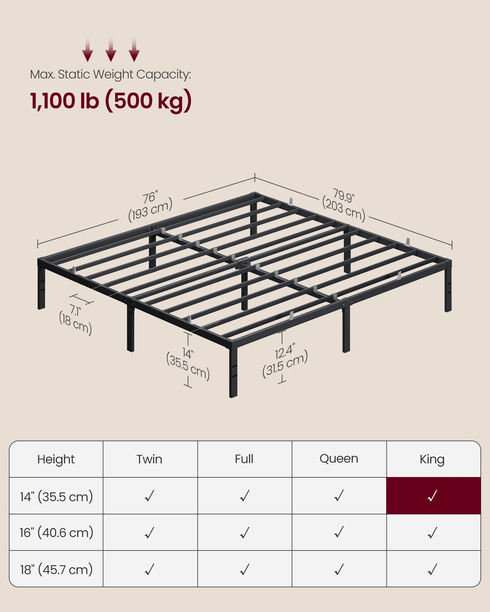 VASAGLE King Metal Bed Frame 14 Inches Tall, 1100 lb Weight Capacity, No Box Spring Needed, with Under-Bed Storage, Easy Setup,