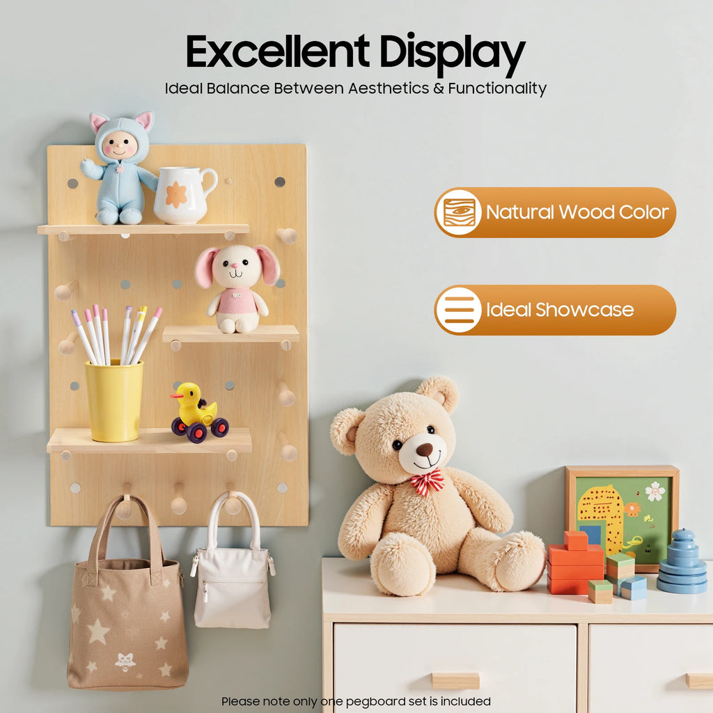 Wall Mount Wood Pegboard, Natural Wood Storage Display Shelf Wall Organizer, Kitchen Office DIY Tool Board Panel Rack Load 10kg