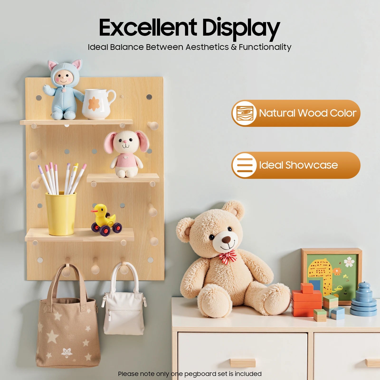 Wall Mount Wood Pegboard, Natural Wood Storage Display Shelf Wall Organizer, Kitchen Office DIY Tool Board Panel Rack Load 10kg