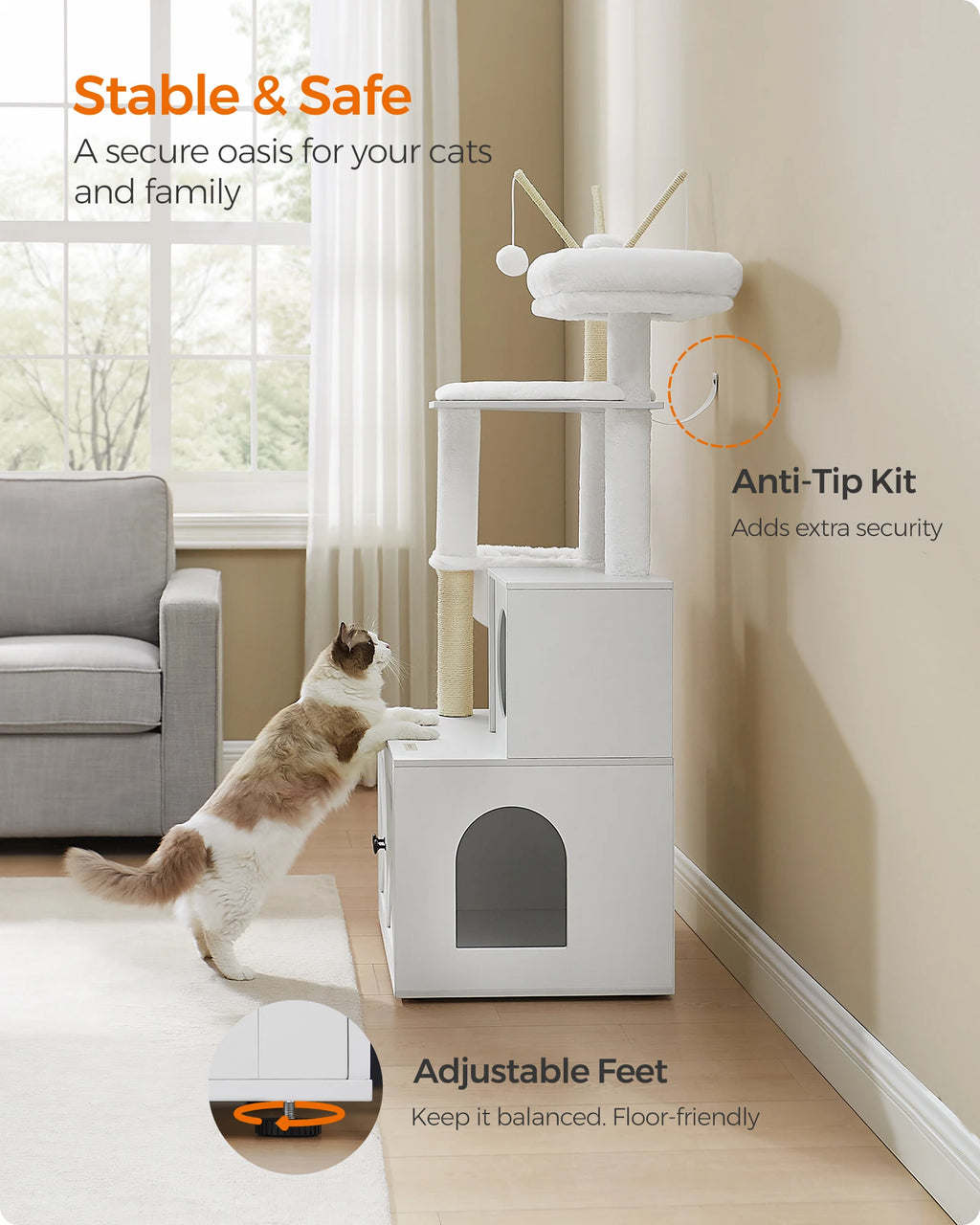 Feandrea Cat Tree with Litter Box Enclosure, 59-Inch Modern Cat Tower, 2-in-1 Condo with Scratching Posts, Washable Removable Cu