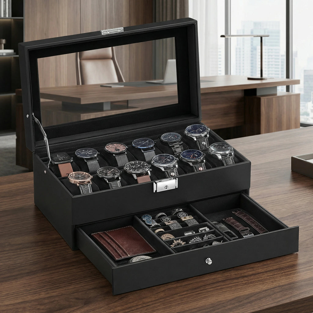 SONGMICS Watch Box, 12-Slot Watch Case Organizer with Large Glass Lid, 2 Layers, Removable Pillows, Metal Lock