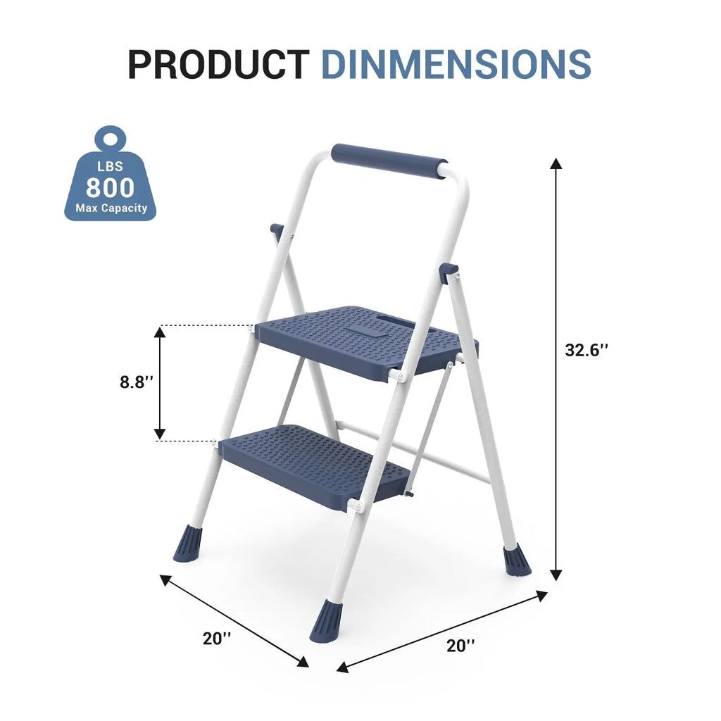 JHK Step Ladder Folding 2 Step Ladder Stool with Anti-Slip Pedal 800lbs Capacity Sturdy Steel Portable Cushioned Handle for Home