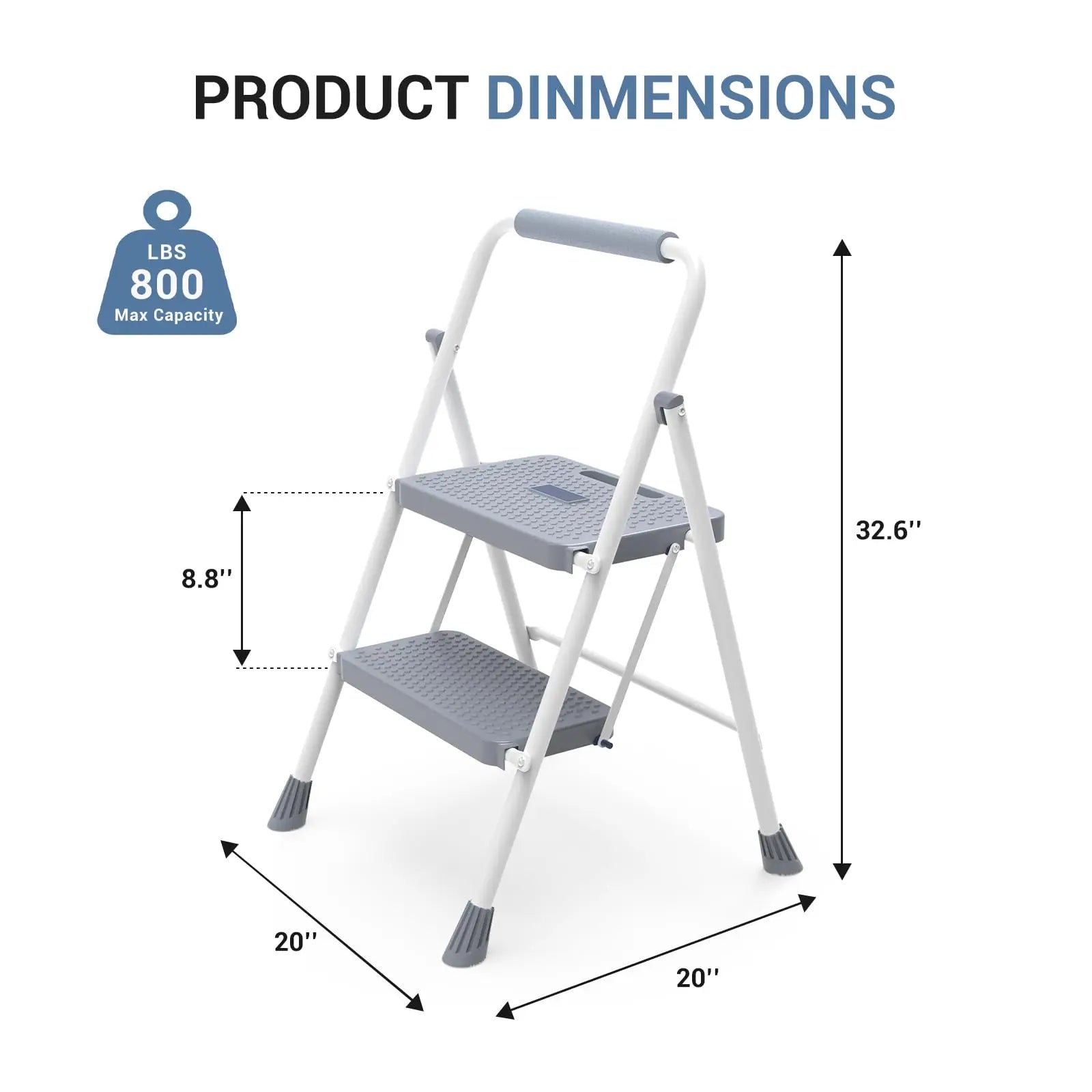 JHK Step Ladder Folding 2 Step Ladder Stool with Anti-Slip Pedal 800lbs Capacity Sturdy Steel Portable Cushioned Handle for Home