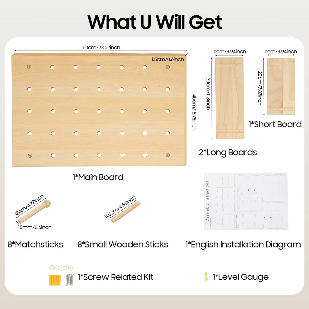 Wall Mount Wood Pegboard, Natural Wood Storage Display Shelf Wall Organizer, Kitchen Office DIY Tool Board Panel Rack Load 10kg