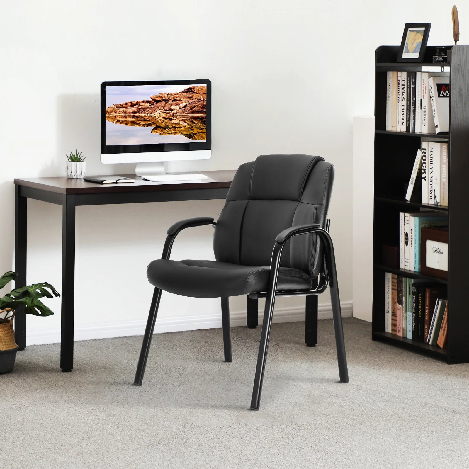JHK PU Leather Padded Backrest Office Chair Living Room Ergonomic Waterproof Waiting Room Seat Thickened Sponge Cushion Arms
