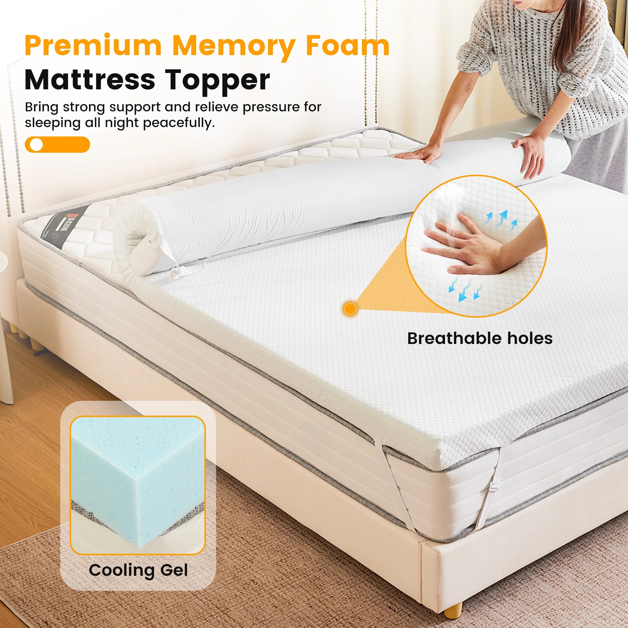 JHK 3 Inch with Fabric Cover Gel Memory Foam Mattress Topper Full Size Cooling Mattress Soft and Breathable Bed Topper