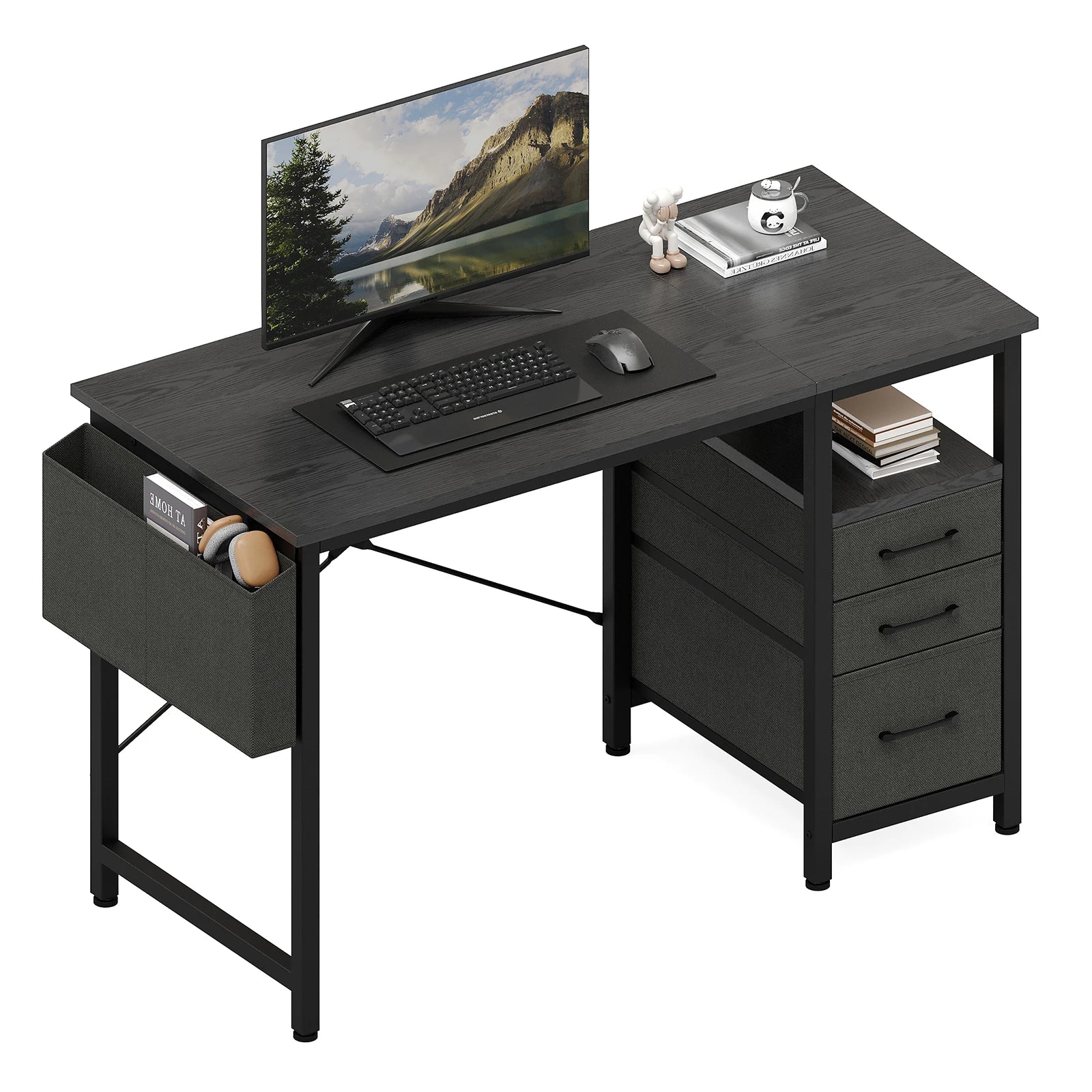 JHK 40 Inch Computer Desk with 3 Fabric Drawers Office Gaming Desk Writing Study Table with Side Pocket Space Saving Desk ﻿