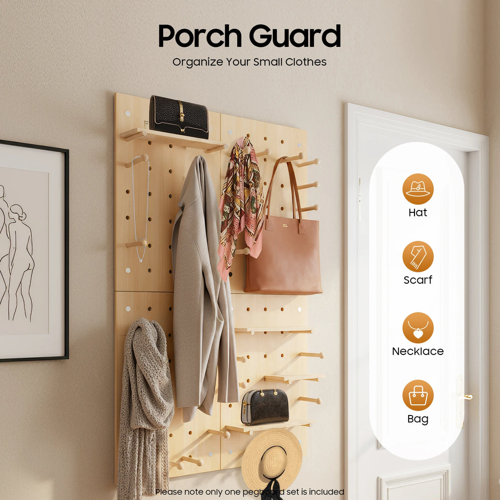 Wall Mount Wood Pegboard, Natural Wood Storage Display Shelf Wall Organizer, Kitchen Office DIY Tool Board Panel Rack Load 10kg