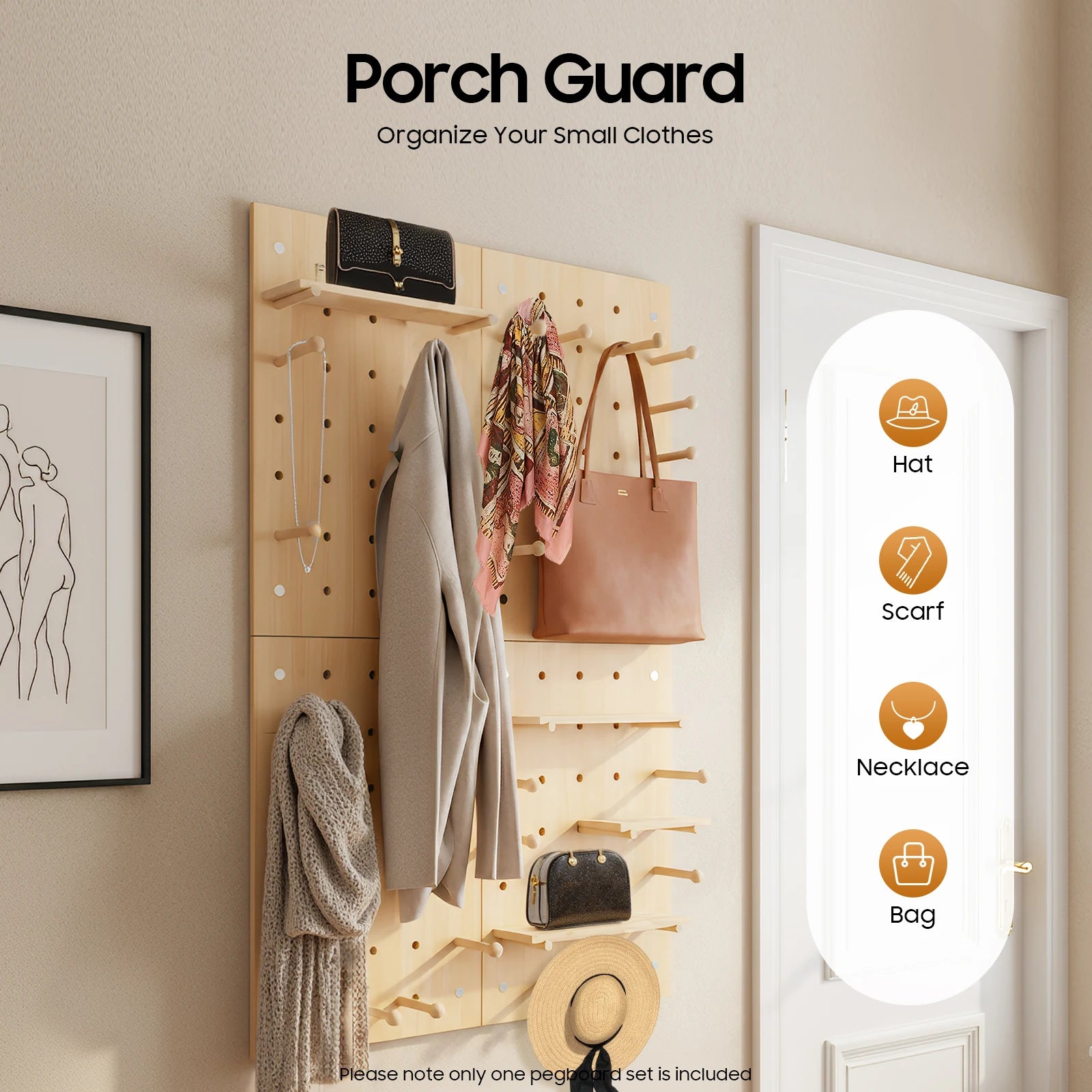 Wall Mount Wood Pegboard, Natural Wood Storage Display Shelf Wall Organizer, Kitchen Office DIY Tool Board Panel Rack Load 10kg