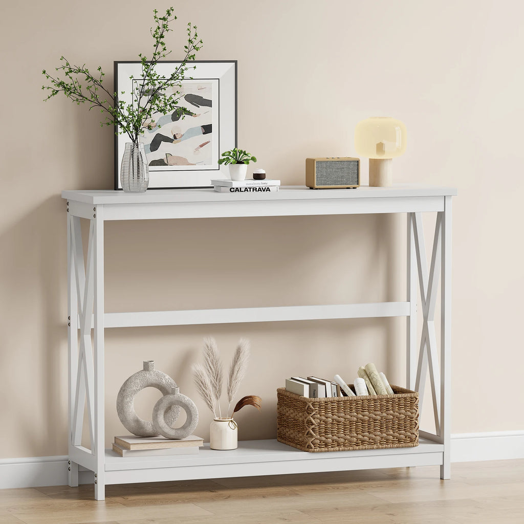 JHK 40IN Modern 2-Tier Console Table with Metal X-Frame Wood Entryway Table 200 lbs Capacity Hallway Table for Living Room Foyer